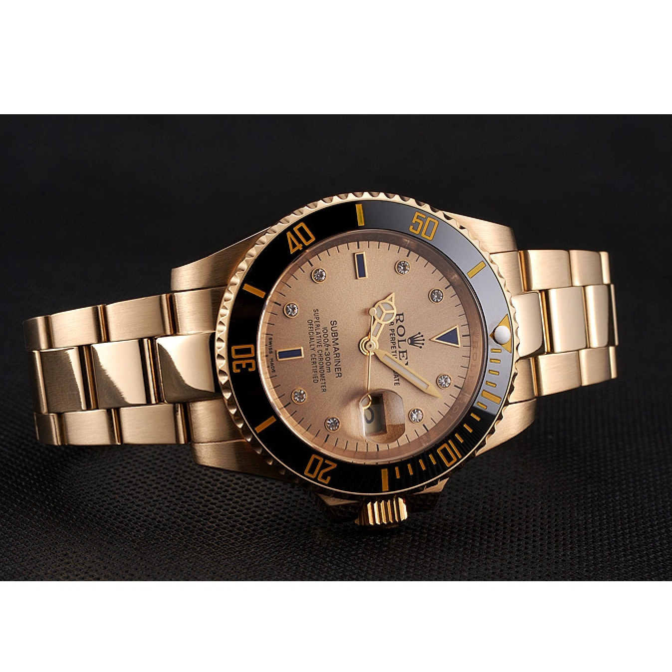 Rolex copies cheap Case With Gold Bezel Submariner Bracelet Black Swiss And Diamond Dial Yellow Markings Gold Rolex 0624